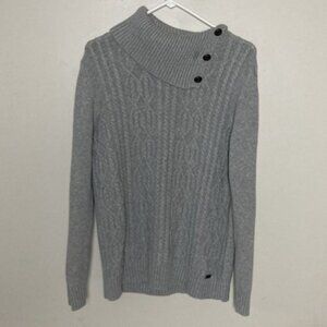 Bass Womens Large Gray Long Sleeve High Neck Button Cable Knit Fisherman Sweater